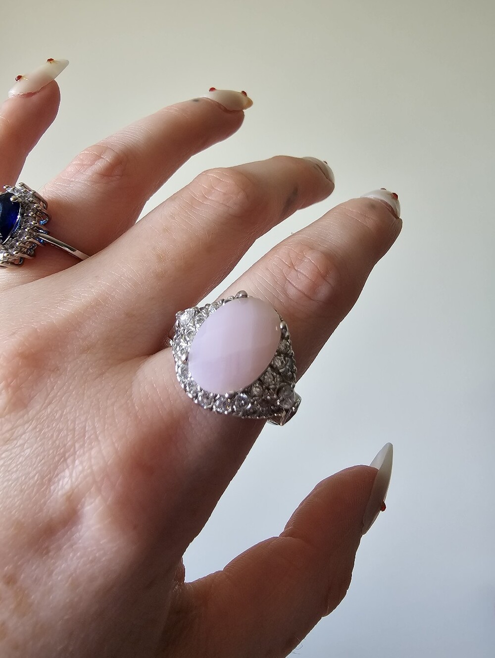 Pastel Pink Morganite with Crystals Silver Tone Statement Size 6 Ring by ES